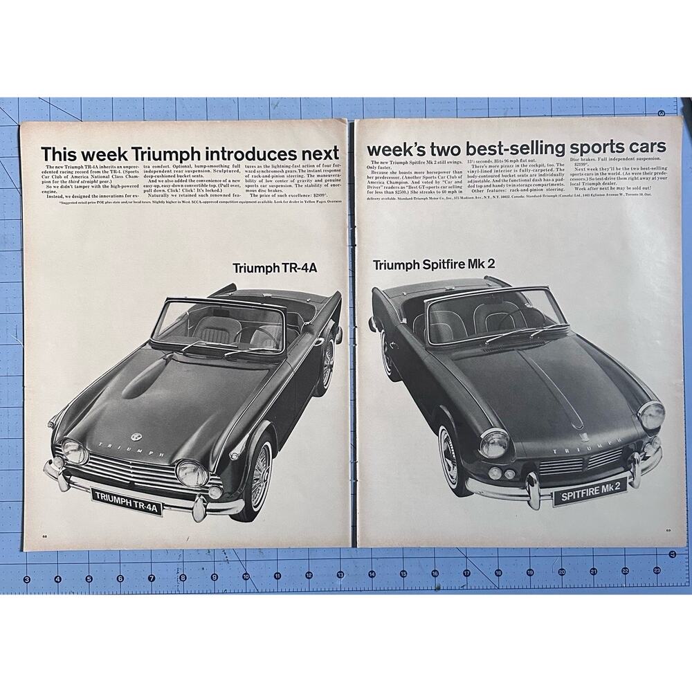 1965 Triumph TR-4A Spitfire MK 2 Cars 2 Page Print Ads 20.5 x 10.5